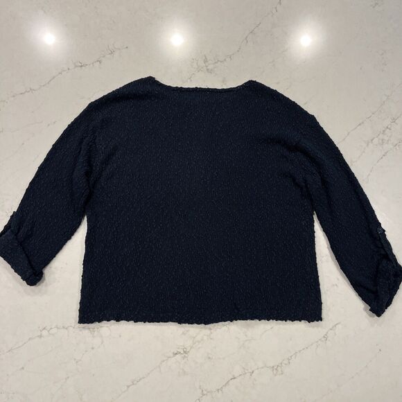 J Jill Womens XL Textured Sweater Navy Blue 100% Cotton Pullover Roll Tab Sleeve - Picture 2 of 8